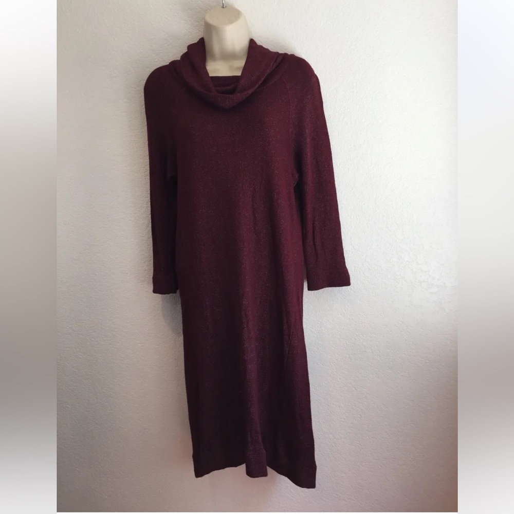 Evereve + Micheal Stars Women's M Burgundy Cowl Neck LS Midi Terry Sweater Dress - Picture 2 of 9